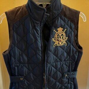 Ralph Lauren quilted vest black w/brown suede patches riding club crest Small/S
